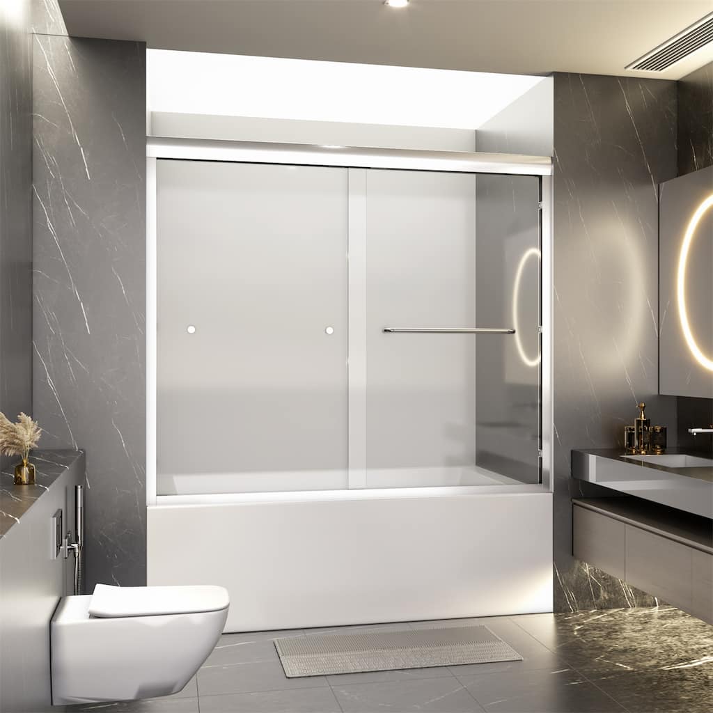 Semi-Frameless Double Sliding Tub Door, 1/4" Thick SGCC Tempered Glass