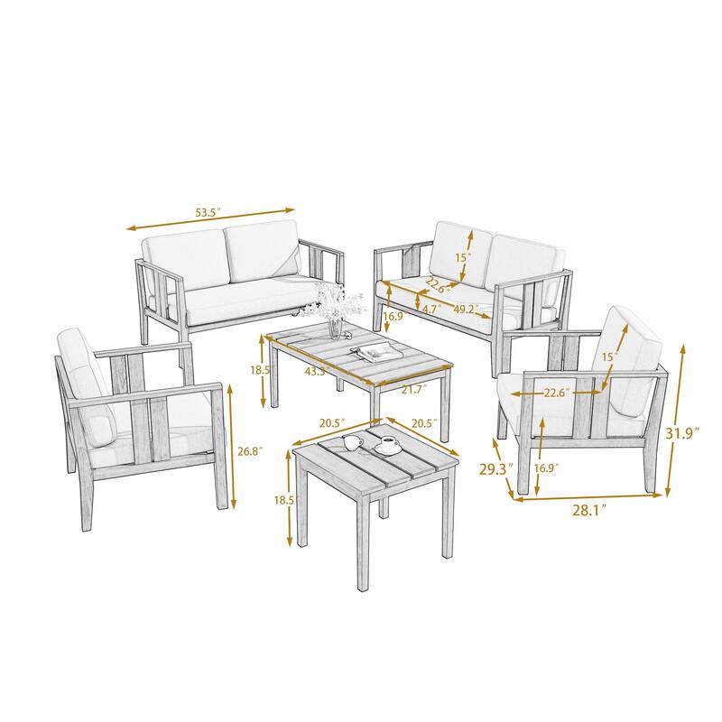 6-Piece Outdoor Furniture Solid Teak Patio Conversation Set with Table