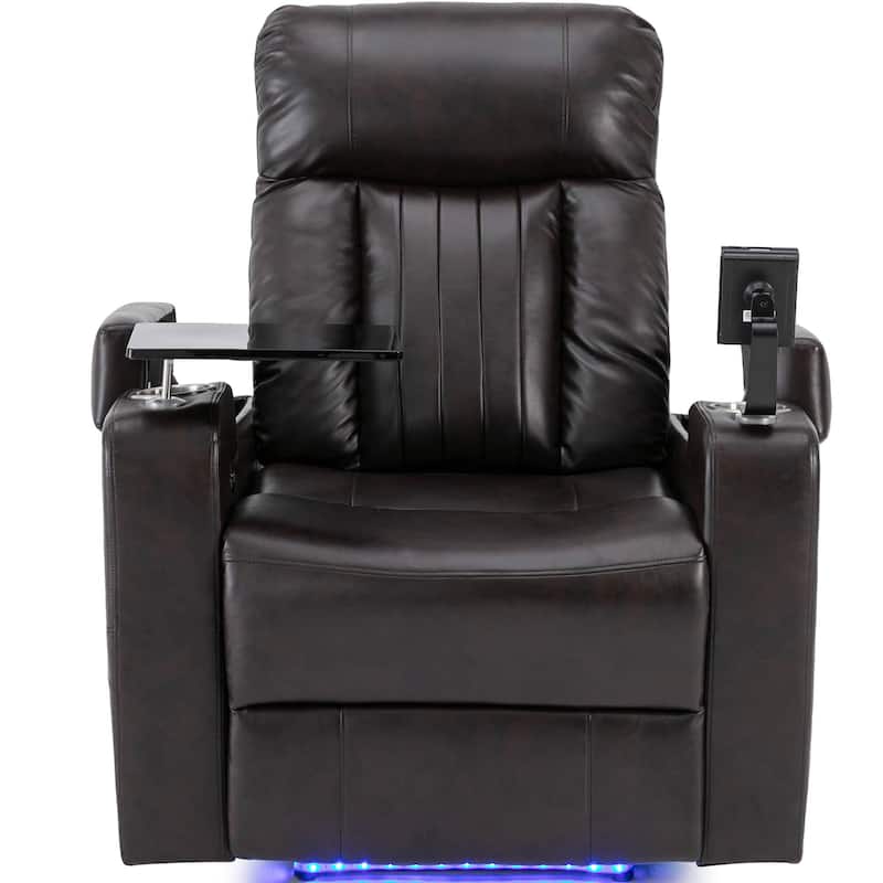 Roomfitters Power Recliner Seat with Storage Arms Cupholders Swivel Tray and Phone Stand, Brown