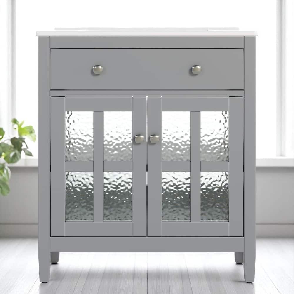 30" Bathroom Vanity with Ceramic Sink, Solid Wood Tapered Legs, Tip-Out Tray & Soft-Close Hinges