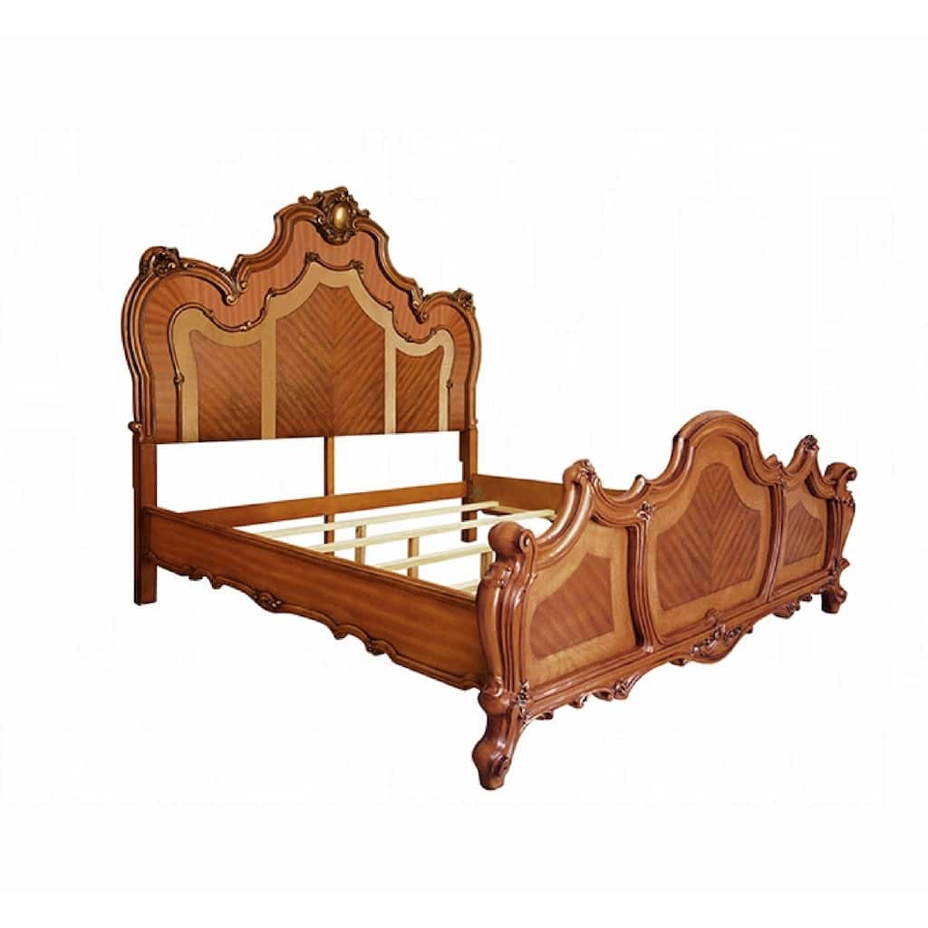 Pico California King Bed, Crown Molded Scrolled Trim, Honey Brown Wood