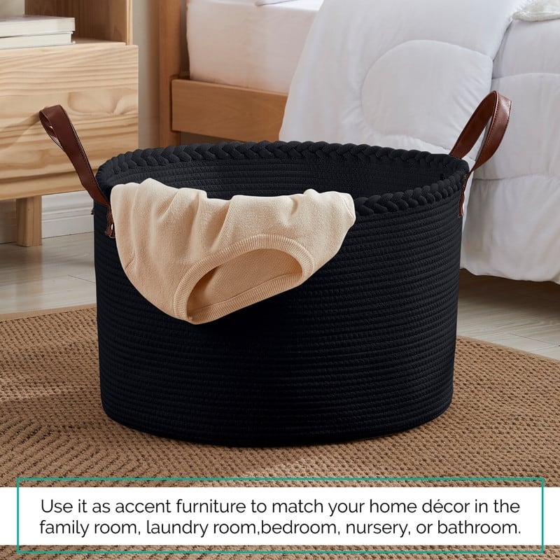 Large Round Cotton Rope Storage Basket Laundry Hamper with Leather Handles, 21 x 21 x 14 - 21" x 21" x 14"