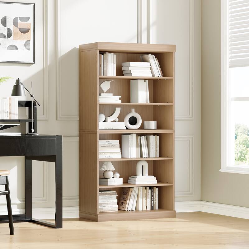 62" Solid Wood 6-Shelf Bookcase Storage with Adjustable Shelves