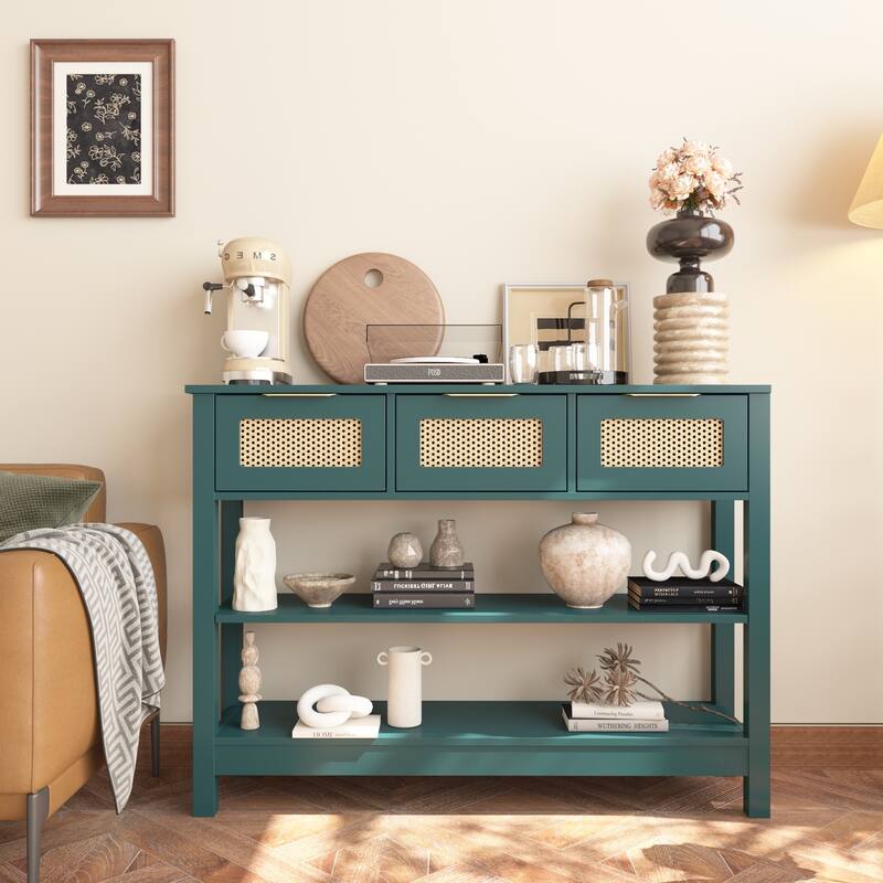 Anmytek Teal Rattan Entryway Console Table with 3 Drawers Adjustable Shelves Boho Chic Storage
