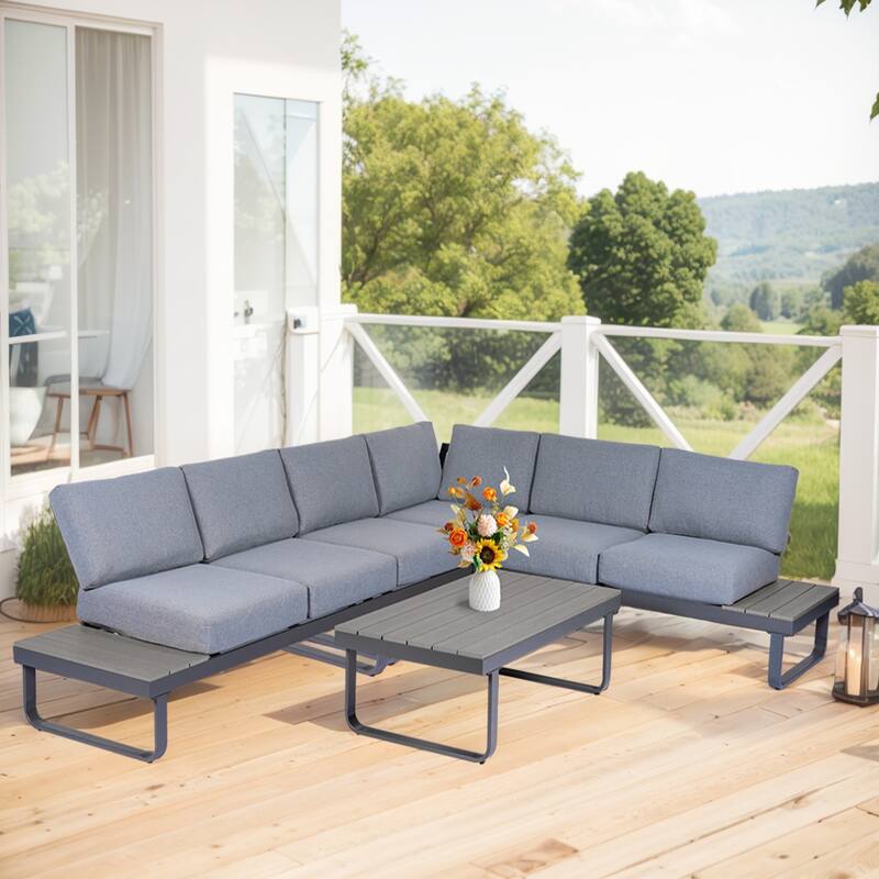 Outdoor L-Shape Metal Sectional Sofa Set With Gray Cushion For Lawn Garden Porch By Tappio