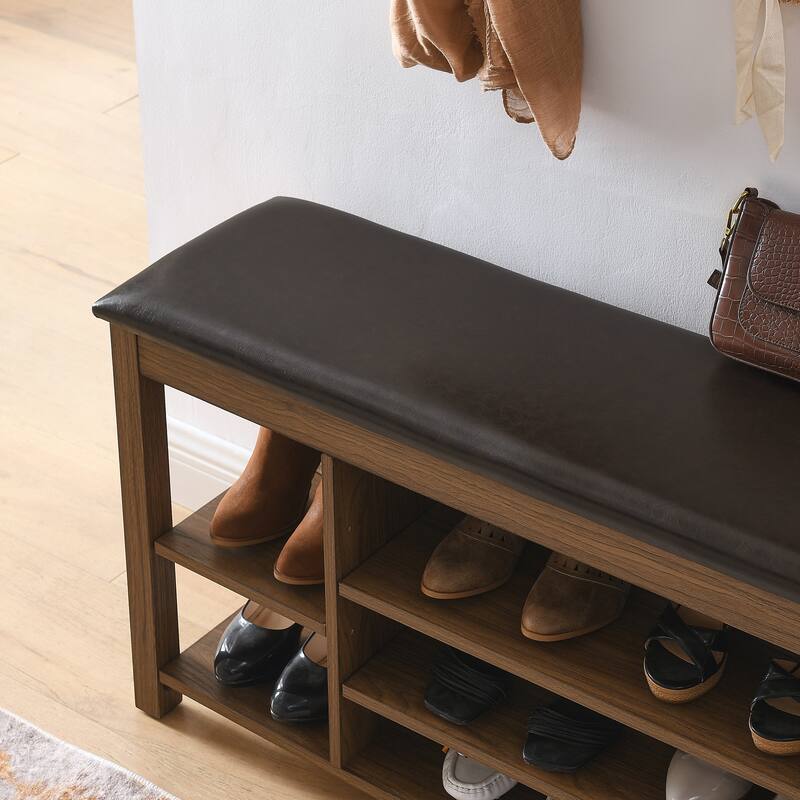 Roomfitters Height Adjustable Shoe Bench with Cushion Seat and Hidden Storage, Solid Rubberwood Frame, Charcoal Grain