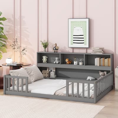 Full Floor Bed with Side Bookcase,Shelves,Guardrails