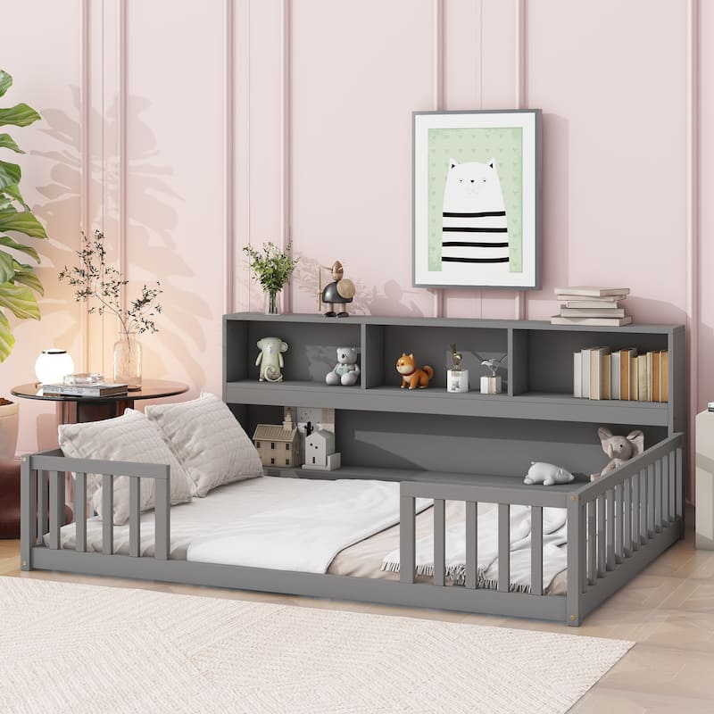 Grey Full Floor Bed with Built-in Bookcase, Shelves and Safety Guardrails