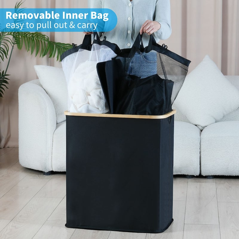 Laundry Hamper with Lid,Double Laundry Hamper with 2 Removable Bag,2 Section Laundry Hamper with Bamboo Handles 140L 36.9 Gallon