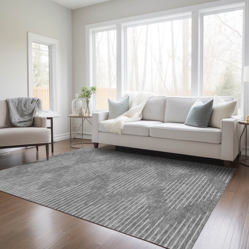 Machine Washable Indoor/ Outdoor Modern Stripe Chantille Rug
