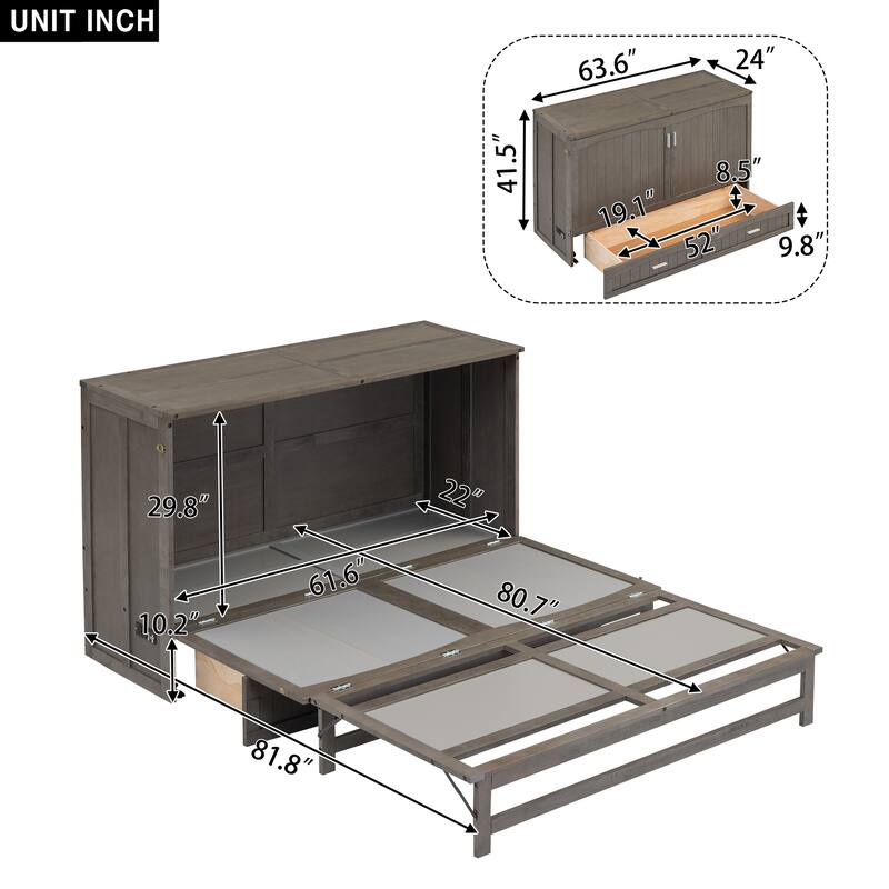 Antique Grey Queen Murphy Bed with USB Charging & Storage Drawer, Space-Saving Wall Bed