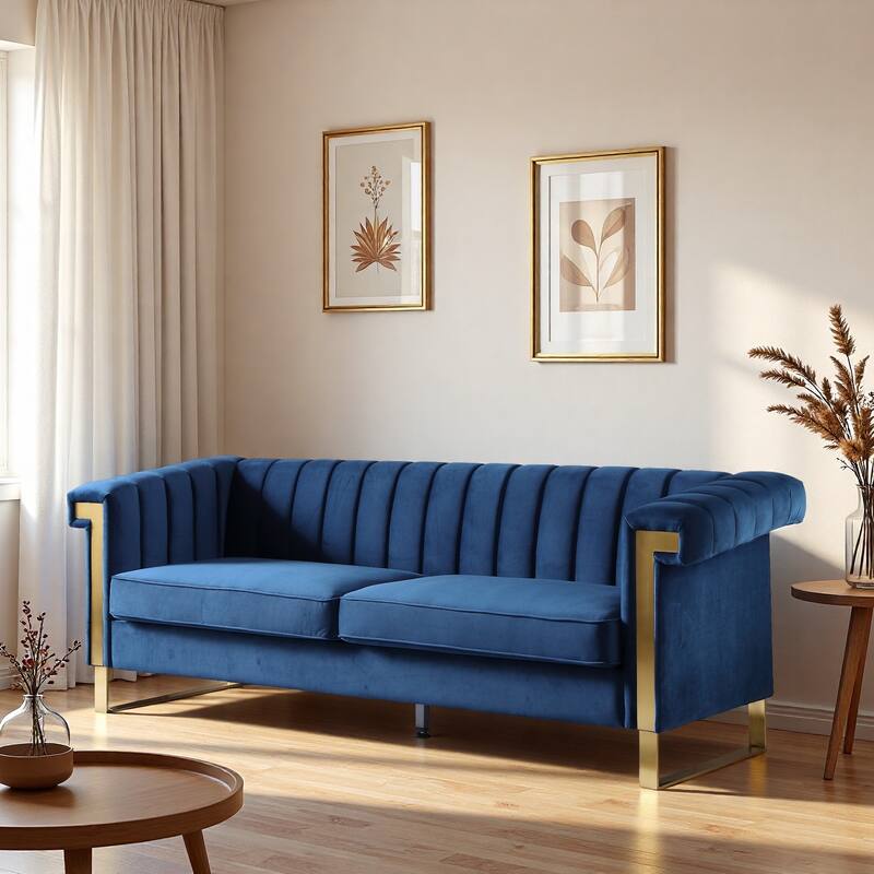 Velvet Sofa Couch for Living Room, Modern Loveseat Couch with Gold Accents, Apartment Chesterfield Sofa