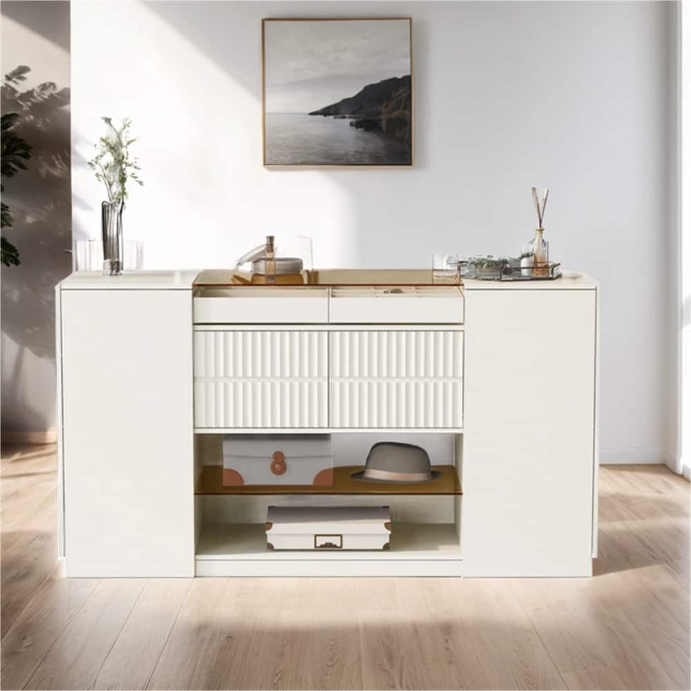 Modern Multi-Functional Vanity with Glass Tabletop and 6 Drawers
