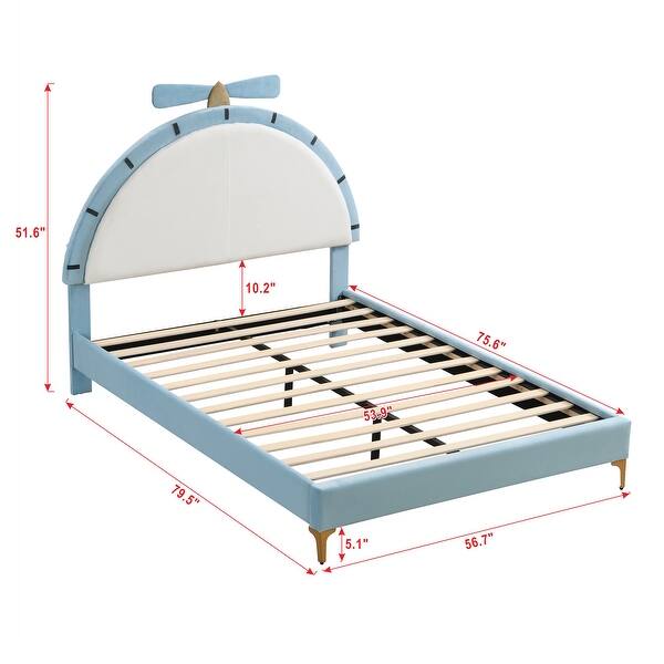 Full Size Upholstered Platform Bed with Alarm Clock Shaped Velvet Headboard, Cute Bed Frame w/Wooden Slats Support for Kids,Blue