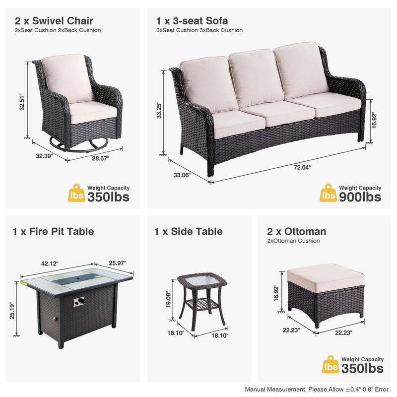 OVIOS 7-piece Patio Swivel Chair Set with 42" Fire Table