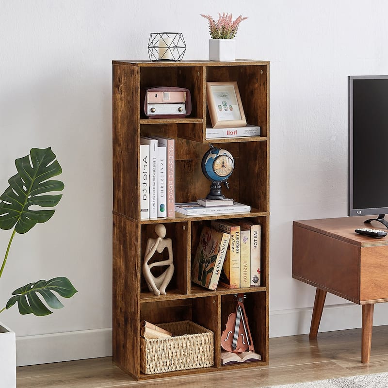 VECELO Modern Irregular Shape Tall Bookshelf Multi-Purpose Waterproof Vertical Horizontal Storage for Bedroom Living Room - Brown