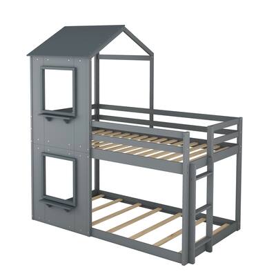 Gray Roof Twin Over Twin Wood Floor Bunk Bed with 2 Windows and 2 Small Storage Shelf, Roof, Guardrail, Ladder
