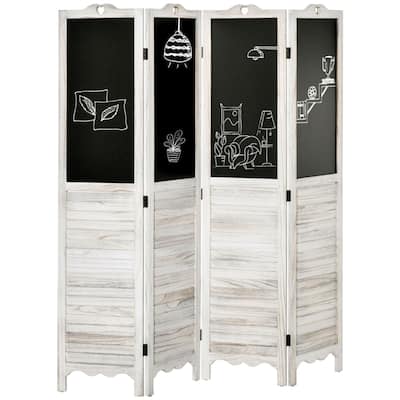 White-Black Paulownia Wood Blinds Room Divider with Blackboard - 63.8" L x 67.75" H x 0.75" T