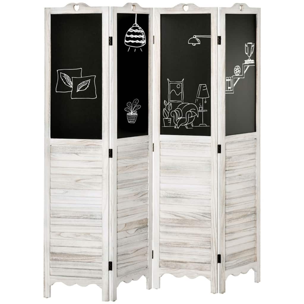 White-Black Paulownia Wood Blinds Room Divider with Blackboard - 63.8" L x 67.75" H x 0.75" T