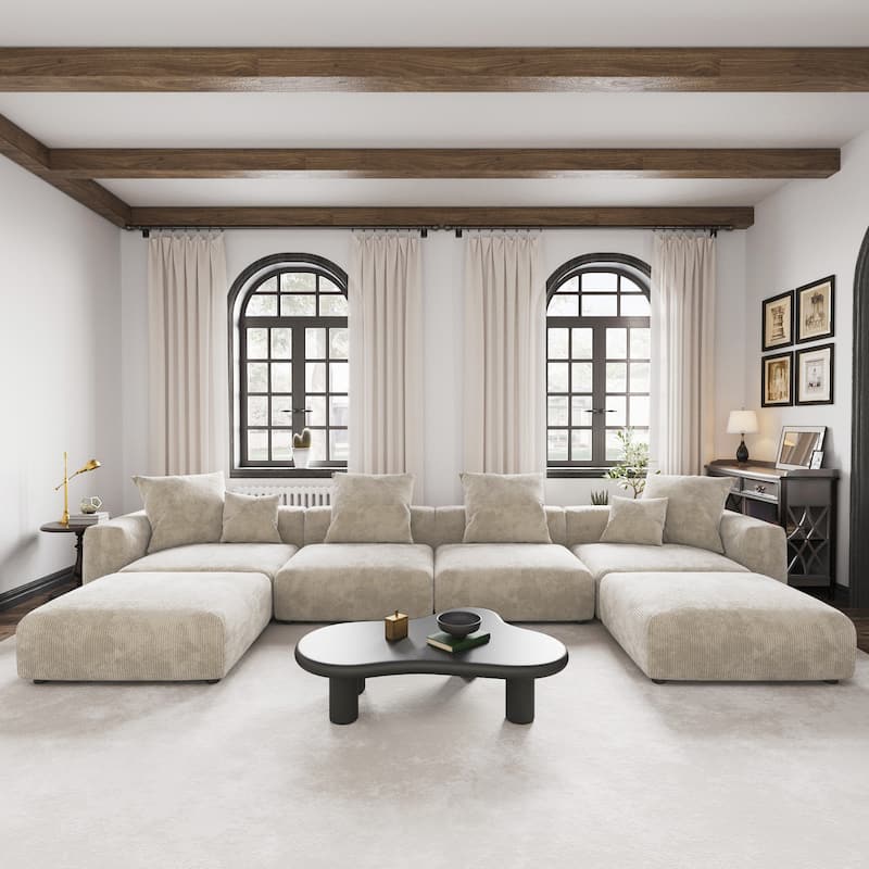 Large Modular Sectional Sofa Corduroy Upholstery U-Shaped 4 Seater with 2 Ottoman and 5 Pillows - Beige