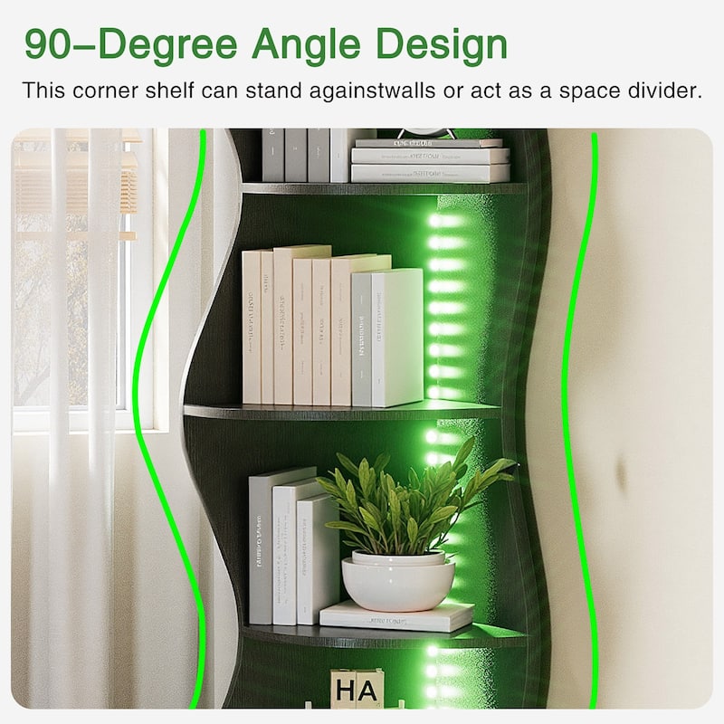 Javlergo 5-Tier Corner Bookshelf with LED Light Strip Seagrass Wave Design Tall Corner Bookcase with Lights for Living Room