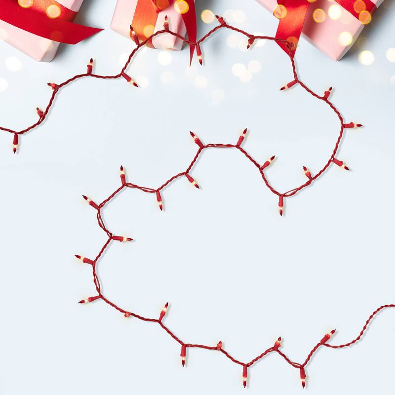 Mini Christmas Light Set - Clear with Red Tips - 20.25' Red Wire - 100ct