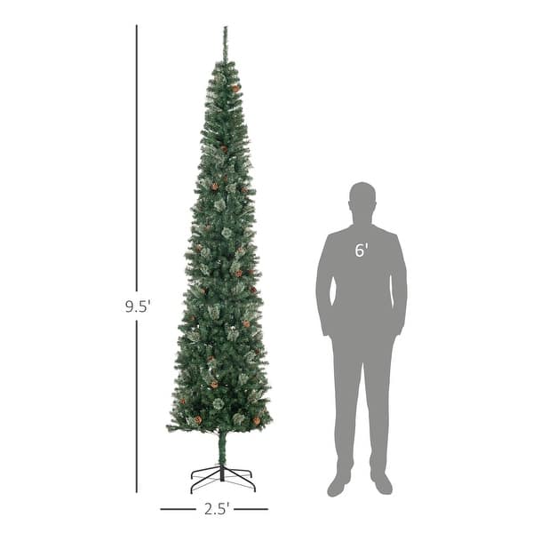 HOMCOM 9.5 Foot Unlit Pencil Artificial Christmas Tree, Slim Xmas Tree with Realistic Branches, Pine Cones, Metal Base - 9.35 ft