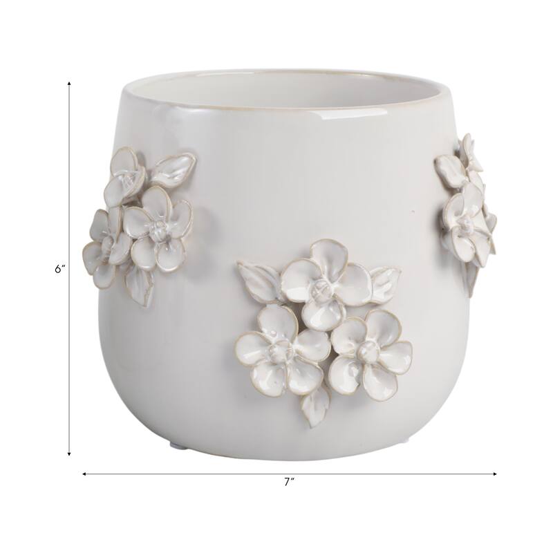 Ceramic Planter Raised Floral Detailing Glossy Decorative Display