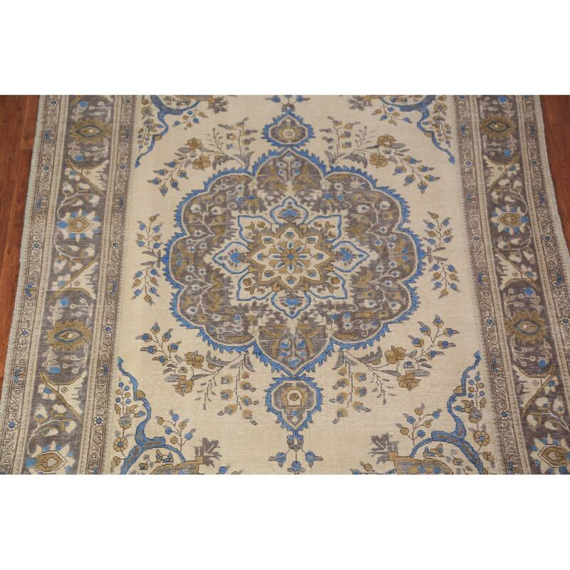 Tabriz Persian Rug Hand-Knotted Traditional Beige Wool Carpet - 6'5"x 9'4"