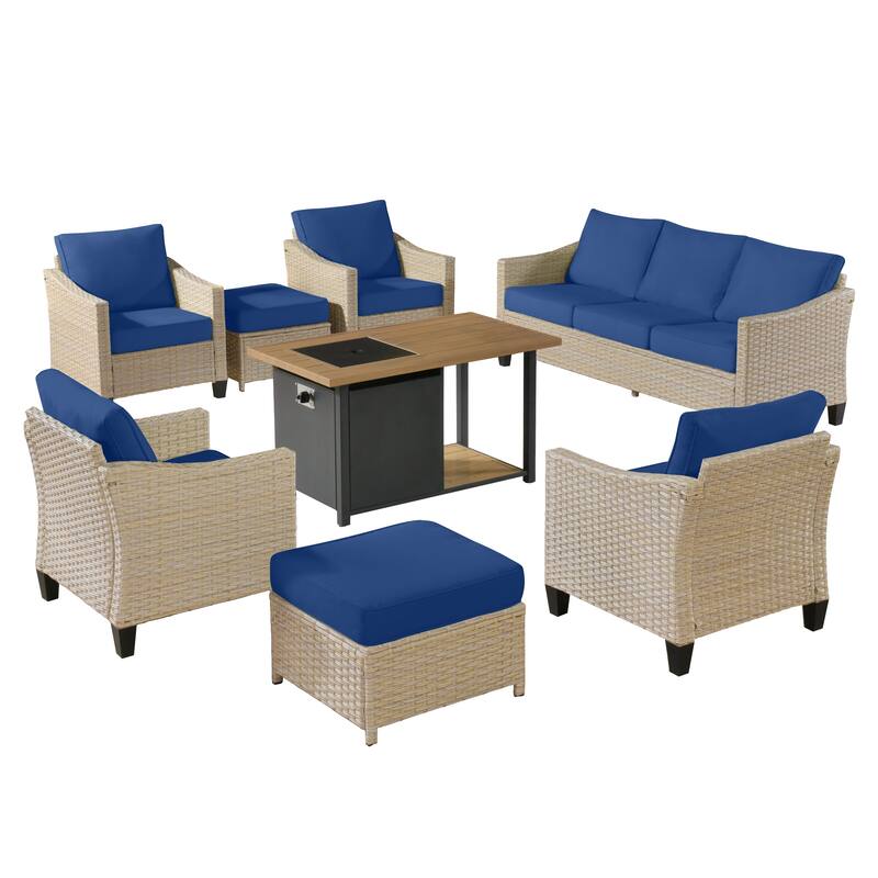 HOOOWOOO 8-piece Patio Wicker Rattan Conversation Set with Multifunctional Fire Pit Table