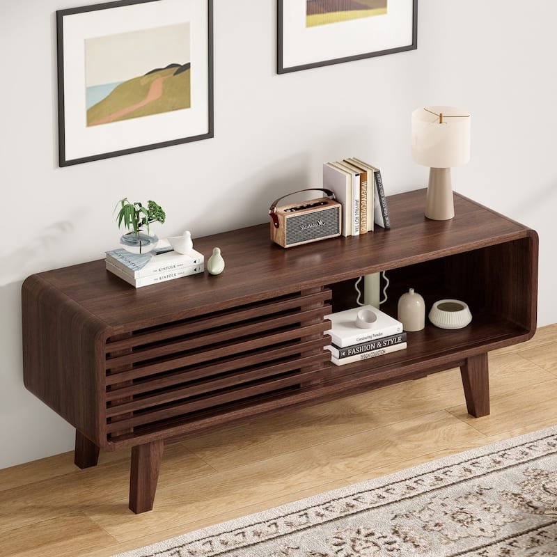 Mid-Century Modern TV Stand for TV Up to 59" with Sliding Slatted Door