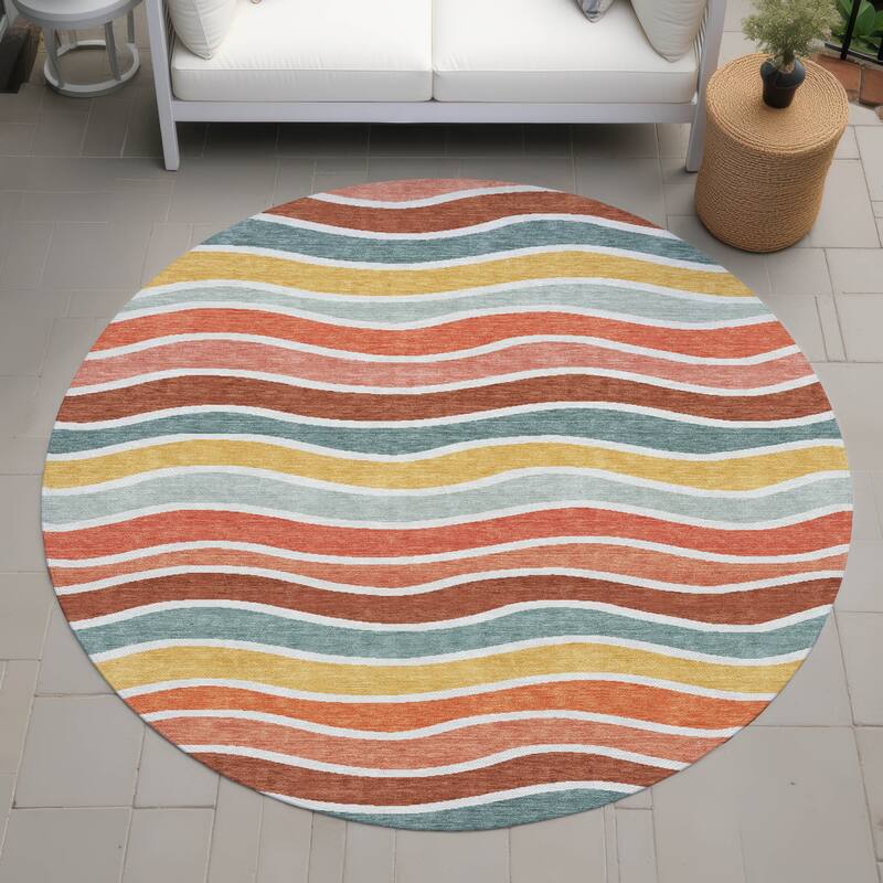 Machine Washable Indoor/ Outdoor Contemporary Stripe Chantille Rug - Coral - 8' x 8'