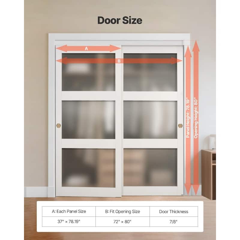 White Wood MDF Sliding Closet Doors with Frosted Glass Panels