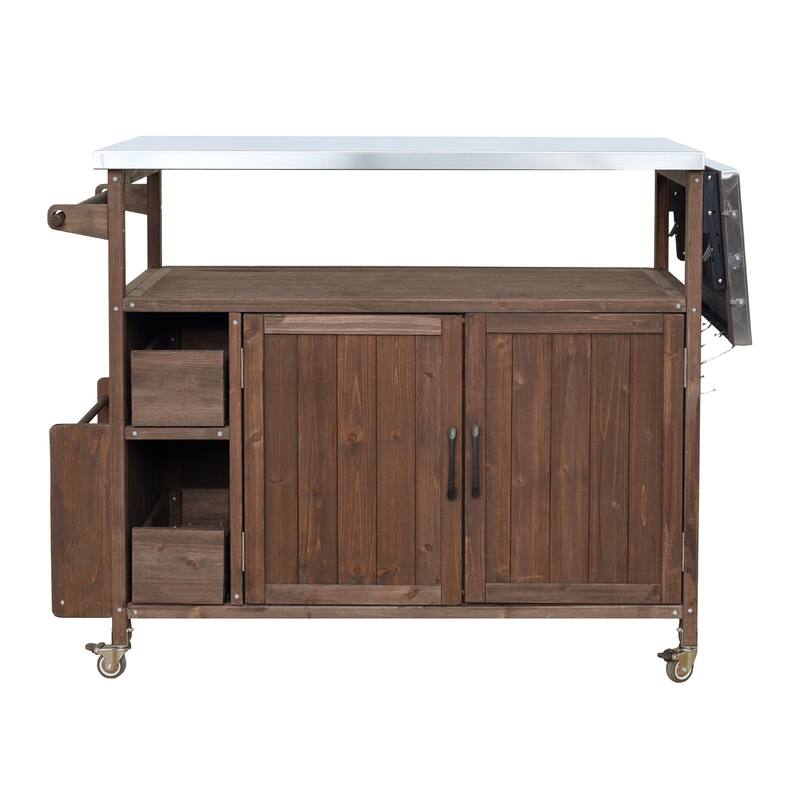 Christopher Knight Home - 54.33" Solid Wood Mobile Outdoor Kitchen Cart with Stainless Steel Top & Spice Rack & Lockable Wheels