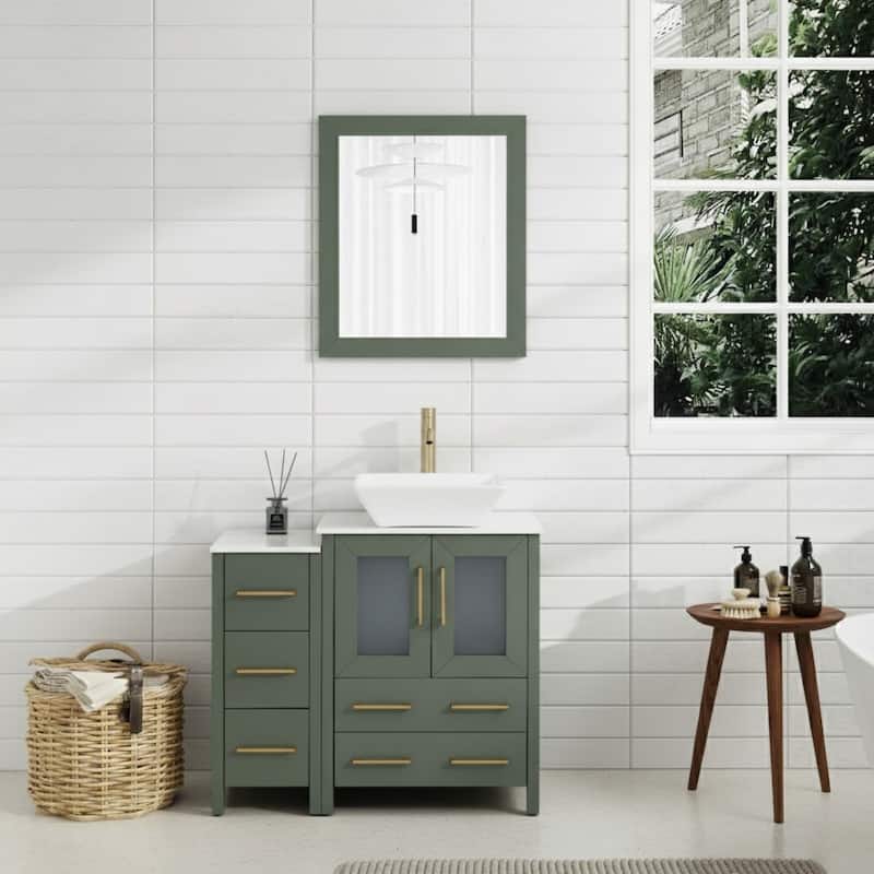 Vanity Art 36" Single Sink Bathroom Vanity Set with Engineered Marble Top and Free Mirror - 36 W X 18.5 D X 31.1 H - Vintage Green