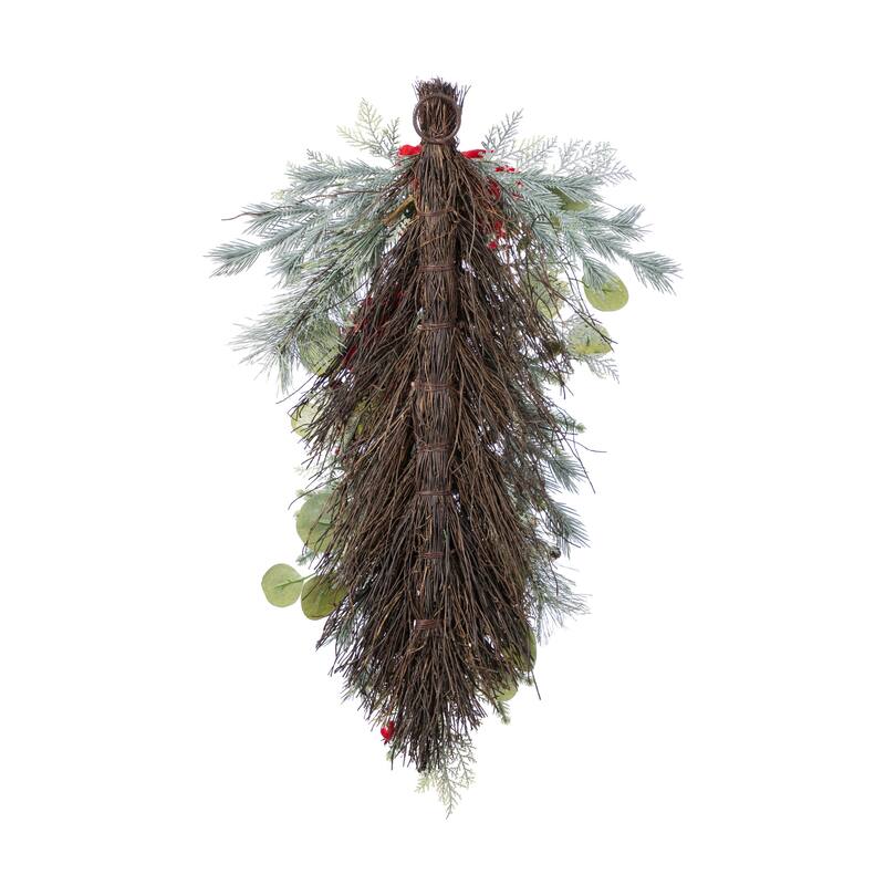 Glitzhome Christmas Red Mangnolia & Berry Wreath Garland Teardrop Hanging Decor