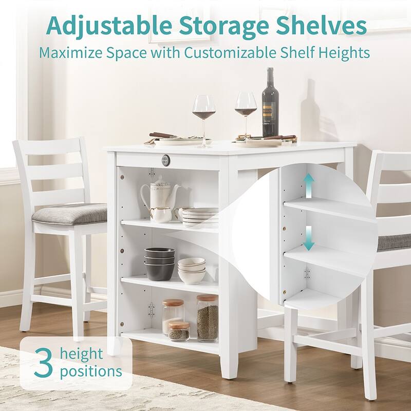36" Modern Dining Table Set, 2-Seater Charging Station 3-Tier Storage