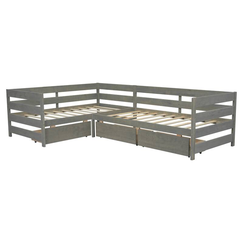 Solid Wood Twin L-Shaped Platform Bed with 3 Storage Drawers, Space-Saving Design