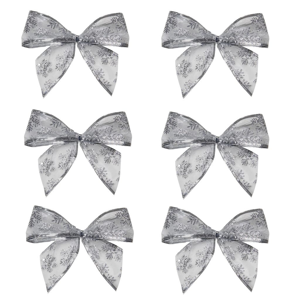 Sheer Snowflake 2-Loop Christmas Bow Decorations - 5.5" - Silver - Pack of 6