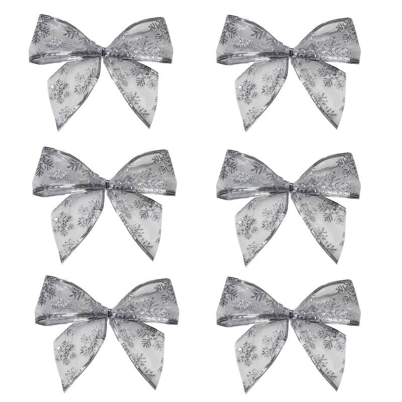 Sheer Snowflake 2-Loop Christmas Bow Decorations - 5.5" - Silver - Pack of 6