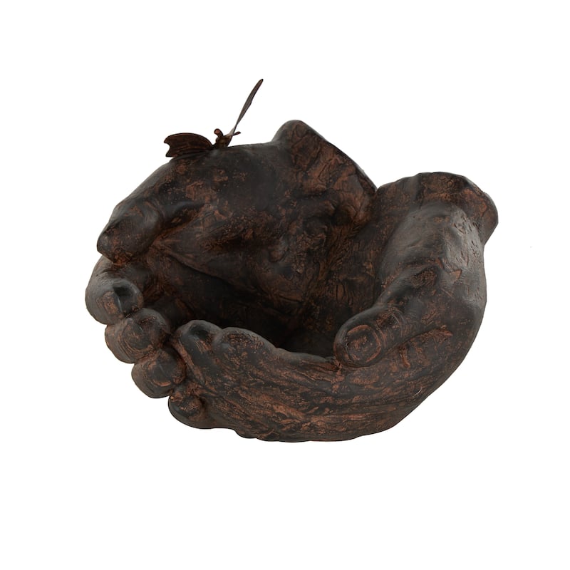 Dark Brown Resin Open Hands Decorative Sculpture with Butterfly and Copper Accents - 8"W x 8"L x 5"H
