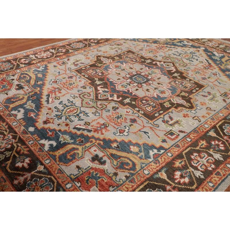 Geometric Heriz Serapi Indian Area Rug Hand-Knotted Grey Wool Carpet - 7'9"x 9'11"