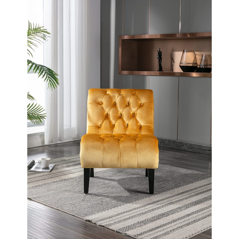 Modern Velvet Armless Accent Living Room Chair / Leisure Chair,Upholstered Fabric Button Comfortable Chair with Wooden Legs