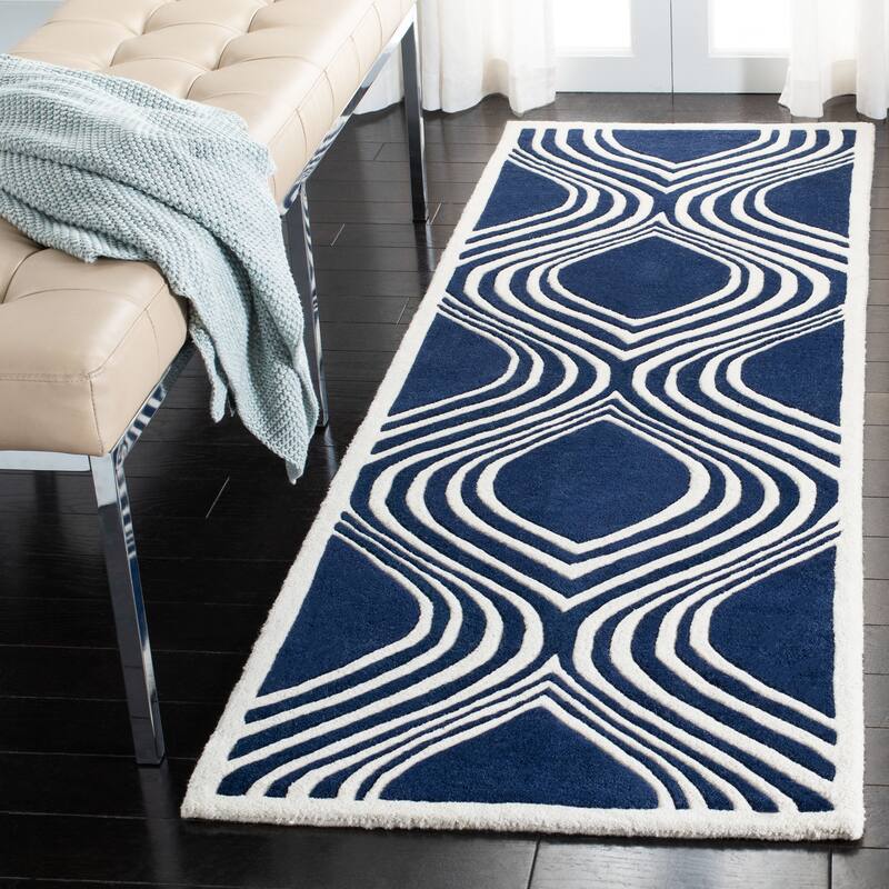 SAFAVIEH Handmade Chatham Armance Modern Wool Rug - 2'3" x 7' Runner - Dark Blue/Ivory