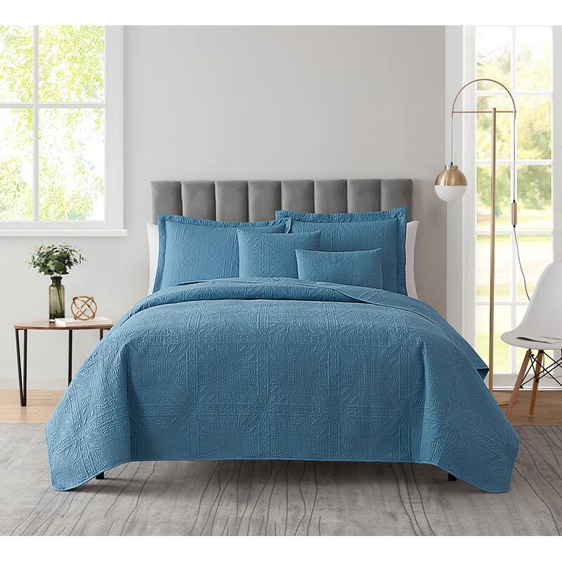 Clara Clark Bedspread Quilt Set - Grid Weave Pinsonic Lightweight Coverlet Set - Blue Heaven - King