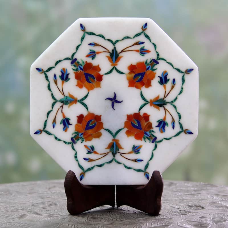 Novica Handmade Floral Maze Marble Inlay Decorative Plate