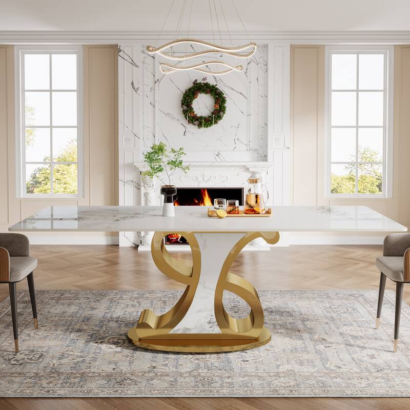 Luxury Rectangular Sintered Stone Dining Table with Stainless Steel Base for 8-10 - White+Gold