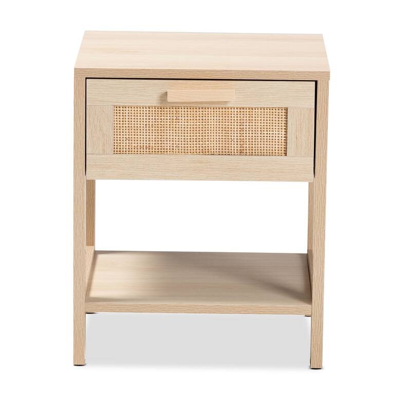 Baxton Studio Sebille Mid-Century Modern Light Brown Finished Wood 1-Drawer End Table with Natural Rattan