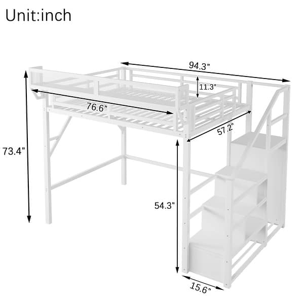 dimension image slide 6 of 10, Metal Loft Bed with Wooden Stairs Built-in Storage Shelves and Wardrobe, High Loft Bed Frame with Side Grid Storage Rack