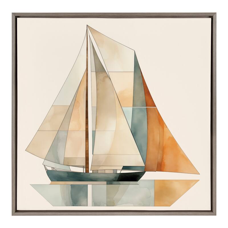 Kate and Laurel Sylvie Mid Century Modern Geometric Sailboat Framed Canvas by The Creative Bunch Studio